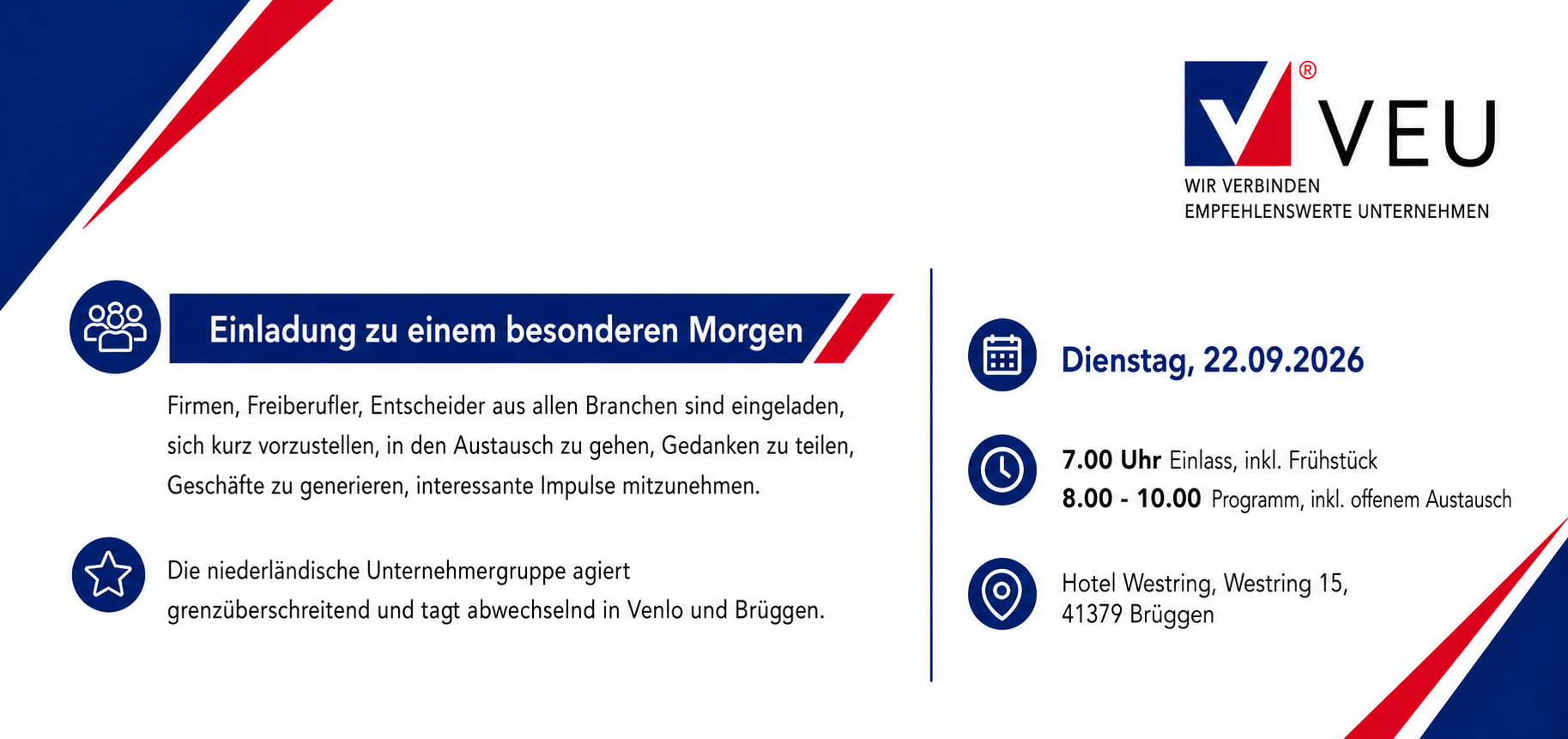 Einladungskarte: Besonderer Morgen mit VEU am 22.09.2026 in Brüggen – Programm von 7:00 bis 10:00 Uhr.