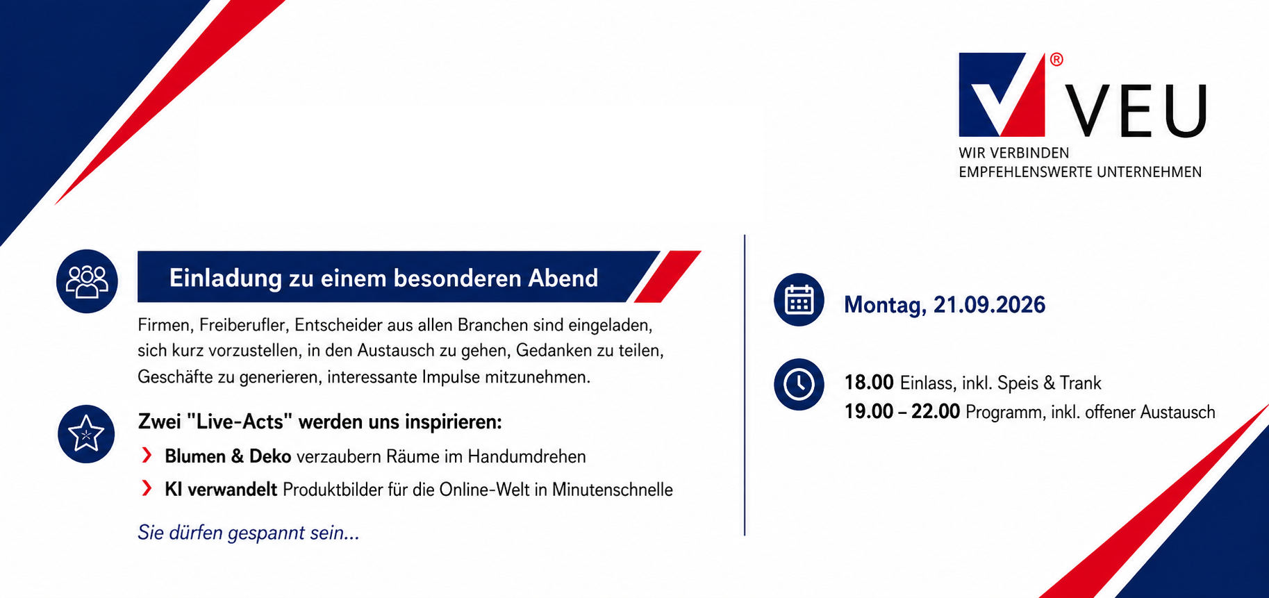 Einladungskarte für besonderen Abend mit Live-Auftritten und Networking am 21.09.2026, VEU-Veranstaltung.