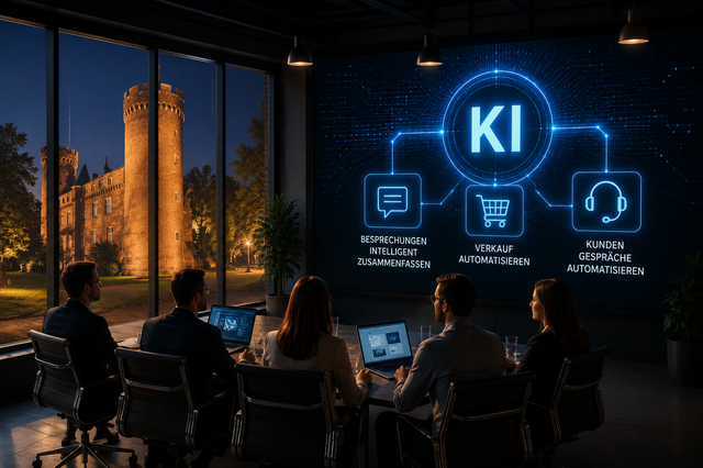 Team nutzt KI-Technologien für digitale Lösungen wie Chatbots, Automatisierung und Datenanalyse in modernem Büro.