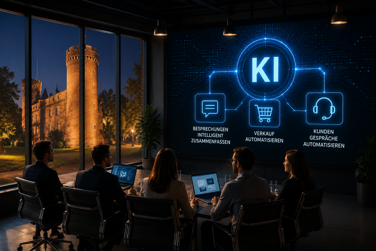 Team nutzt KI-Technologien für digitale Lösungen wie Chatbots, Automatisierung und Datenanalyse in modernem Büro.